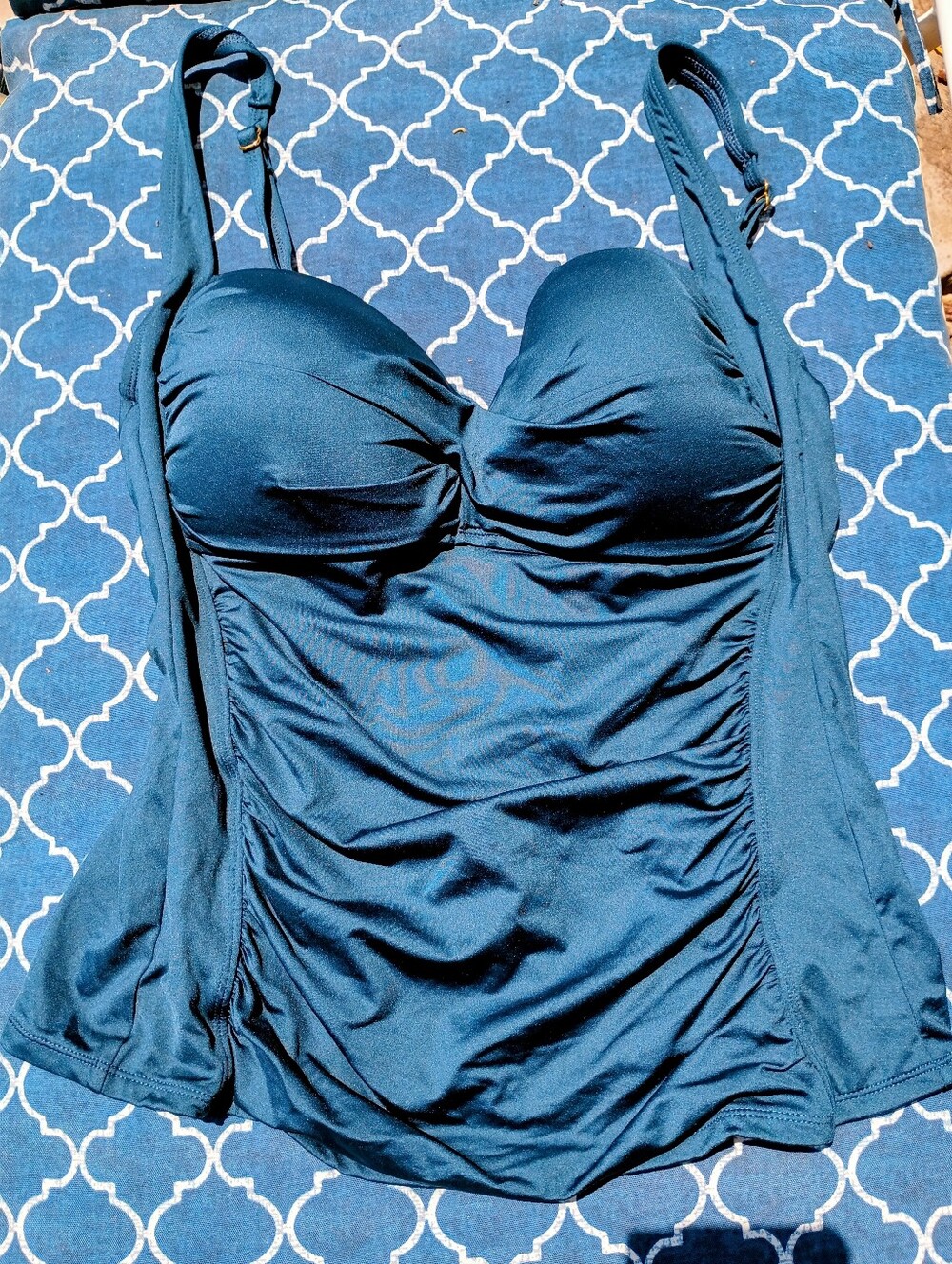 Teal Blue Ruched Tankini Top with Supportive Cups, 16D.